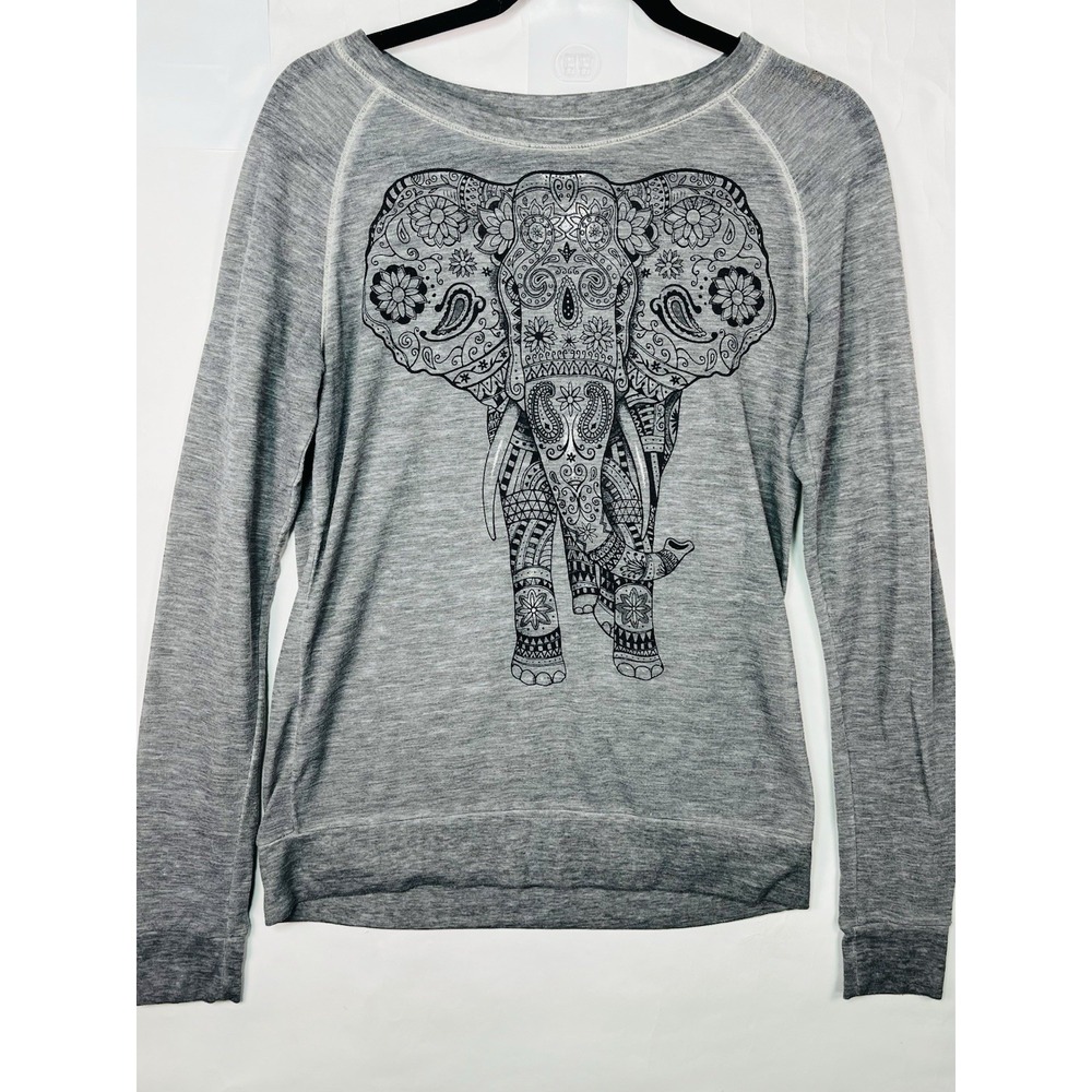 Well Worn BOHO Henna Elephant Graphic Print Long Sleeve Shirt Gray Women's XS
